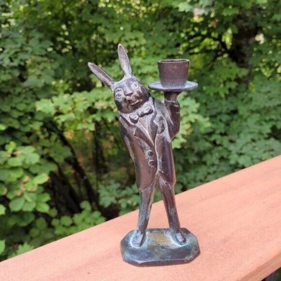 SOLD: VTG Alice in Wonderland Rabbit in a Suit Brass Candlestick Holder Woodland - Picture 6 of 6